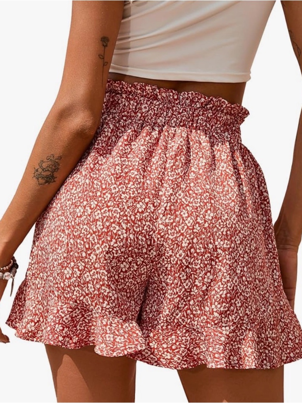 Floral Ruffle Waist Drawstring Shorts - Rust. Size Large - Picture 2 of 3